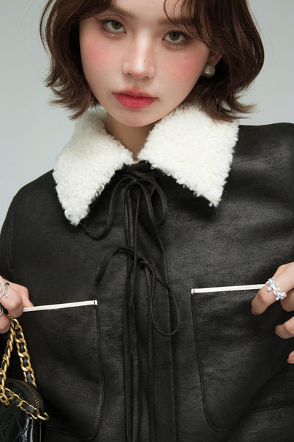 カラーブロックドシアリングコート