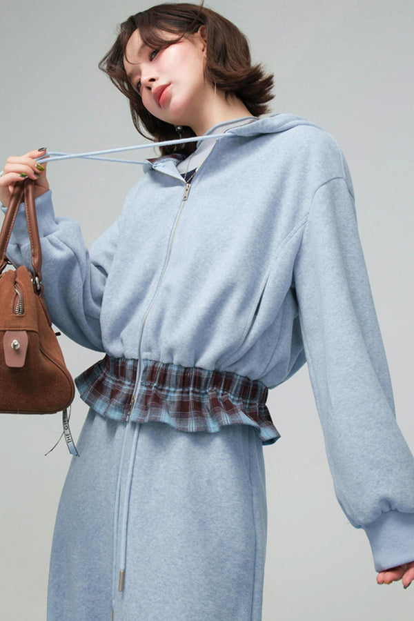 パッチワークプラッドフーデッドジャケットセットアップ