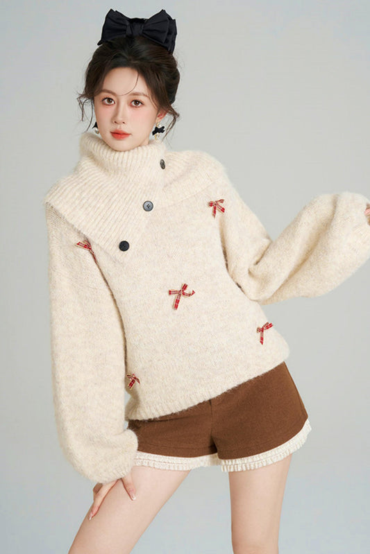 リボンフレンチニットセーター+ショートパンツ