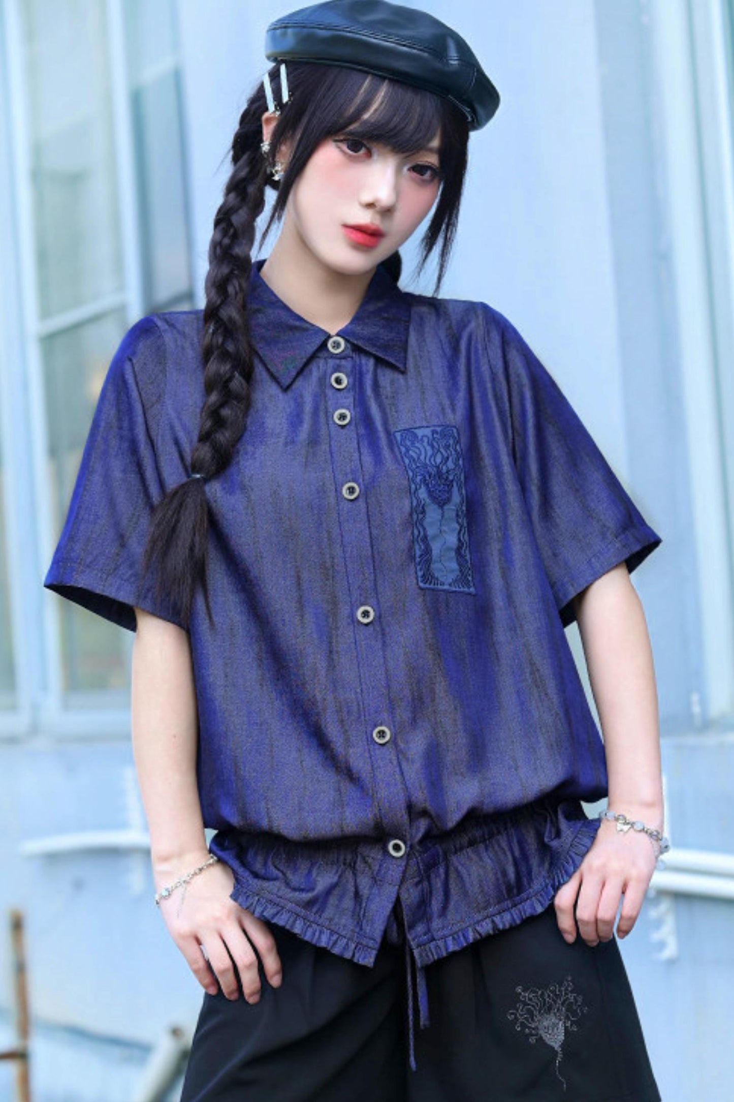 Night Blue Embroidered Subculture Shirt
