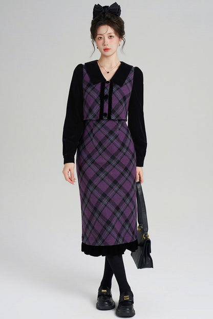 Velvet Patchwork Plaid Dress