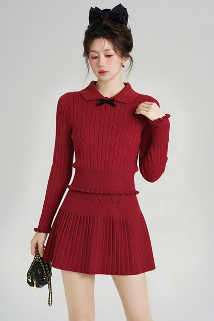 スイートレッドニットトップス+スカート