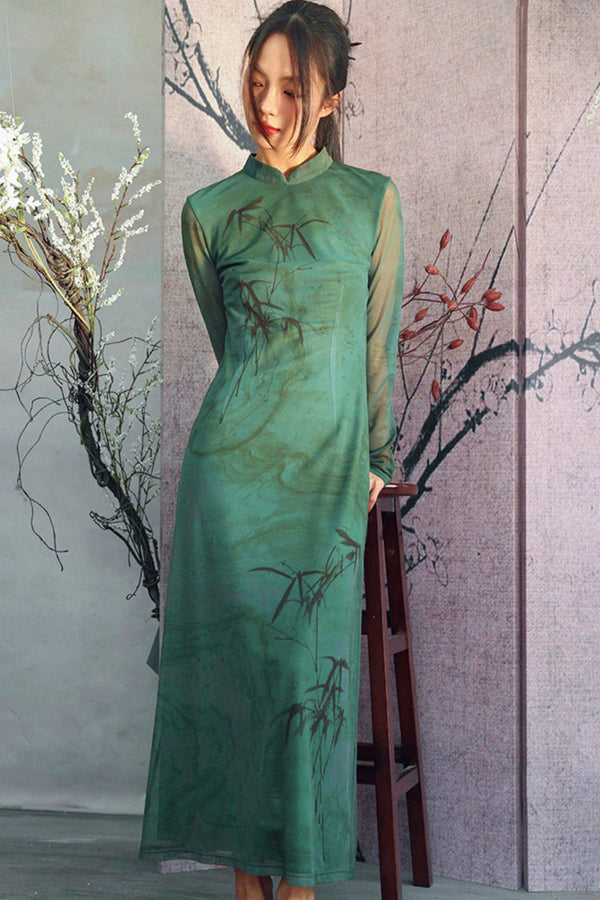 Green Bamboo Dark Print Sheer-Sleeve Cheongsam Dress