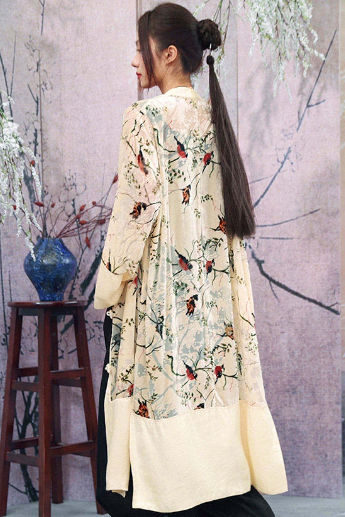 Floral Print Sheer Satin Chinese-Style Long Cardigan