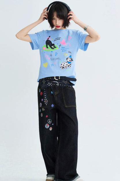 Cropped Graffiti Print Tee Shirt