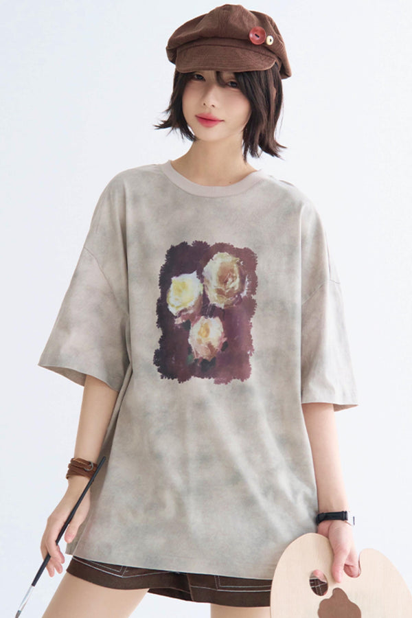 ローズプリントタイダイTシャツ