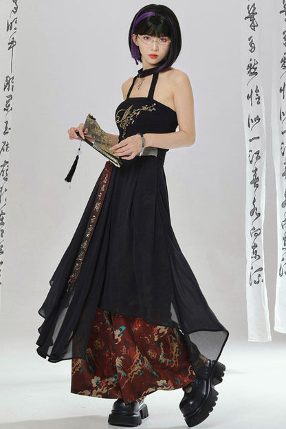 Gold Dragon Embroidered Choker Top (with Cups) + Chinese-Style Wide-Leg Pants