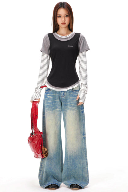 レトロレオパードパッチワークデニムパンツ