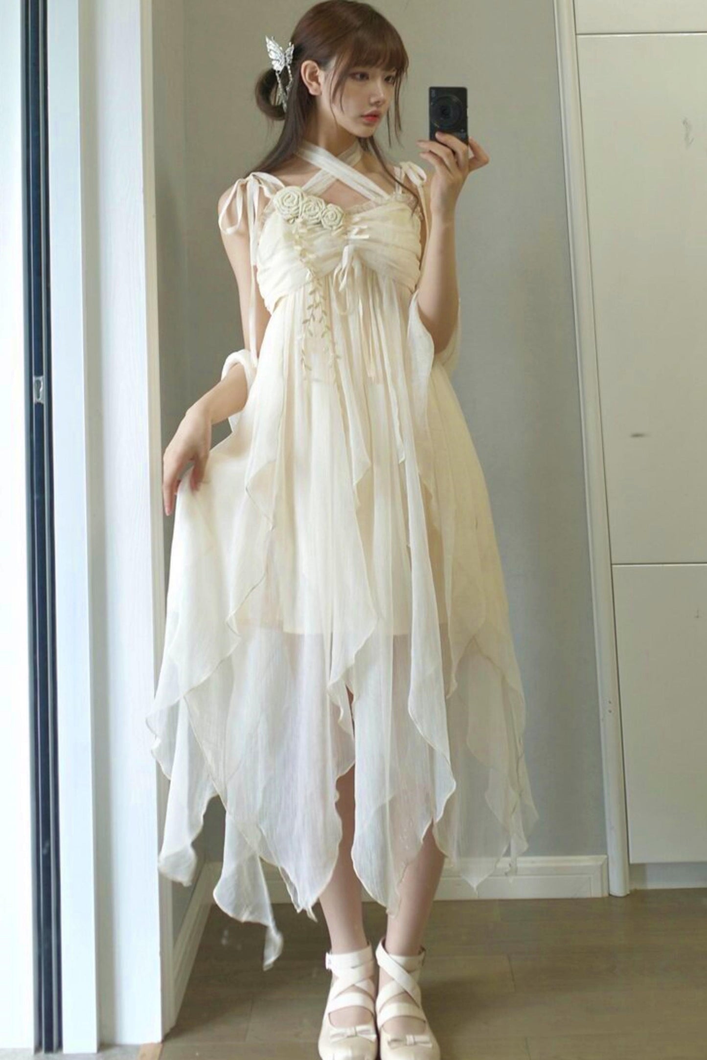 Robe lolita de fée d’un blanc pur (avec châle)