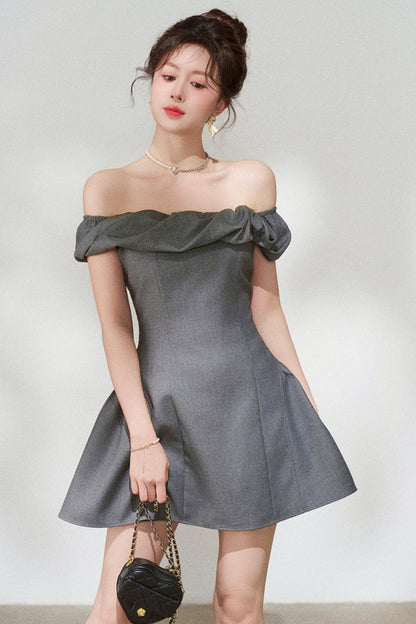 French Gray Off-Shoulder Dress