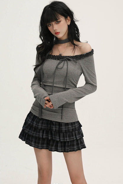 オフショルダーフリルリボントップス（スキニーロングスカーフ付き）