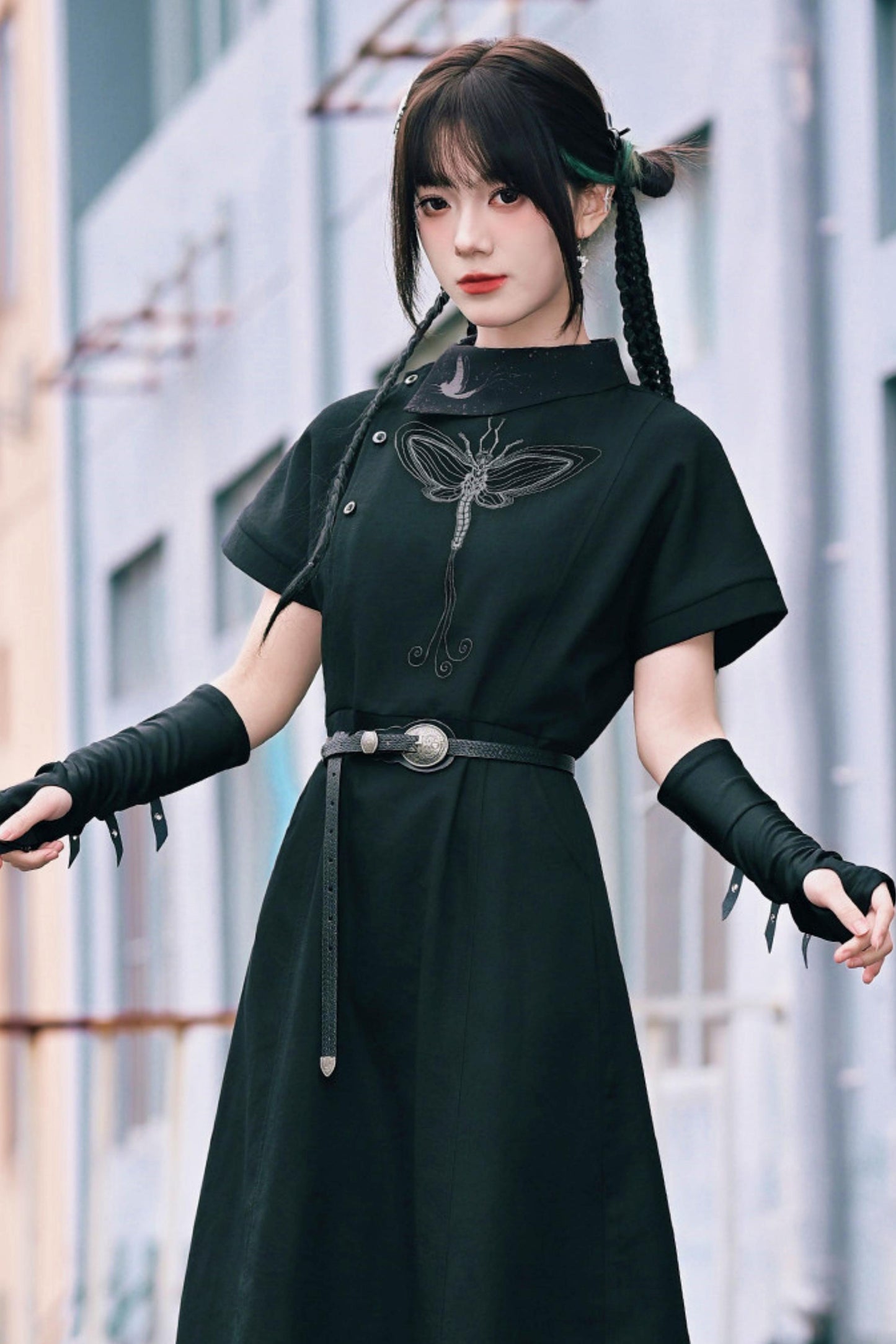 Black Dark Fantasy Metal Buckle Arm Covers (Fingerless Gloves)