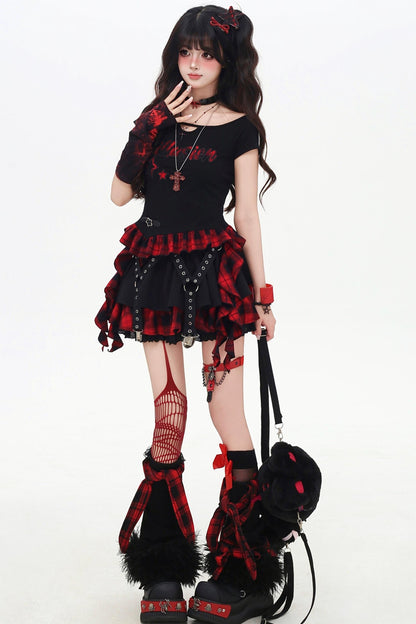 チェックリボンスリムTシャツセットアップ