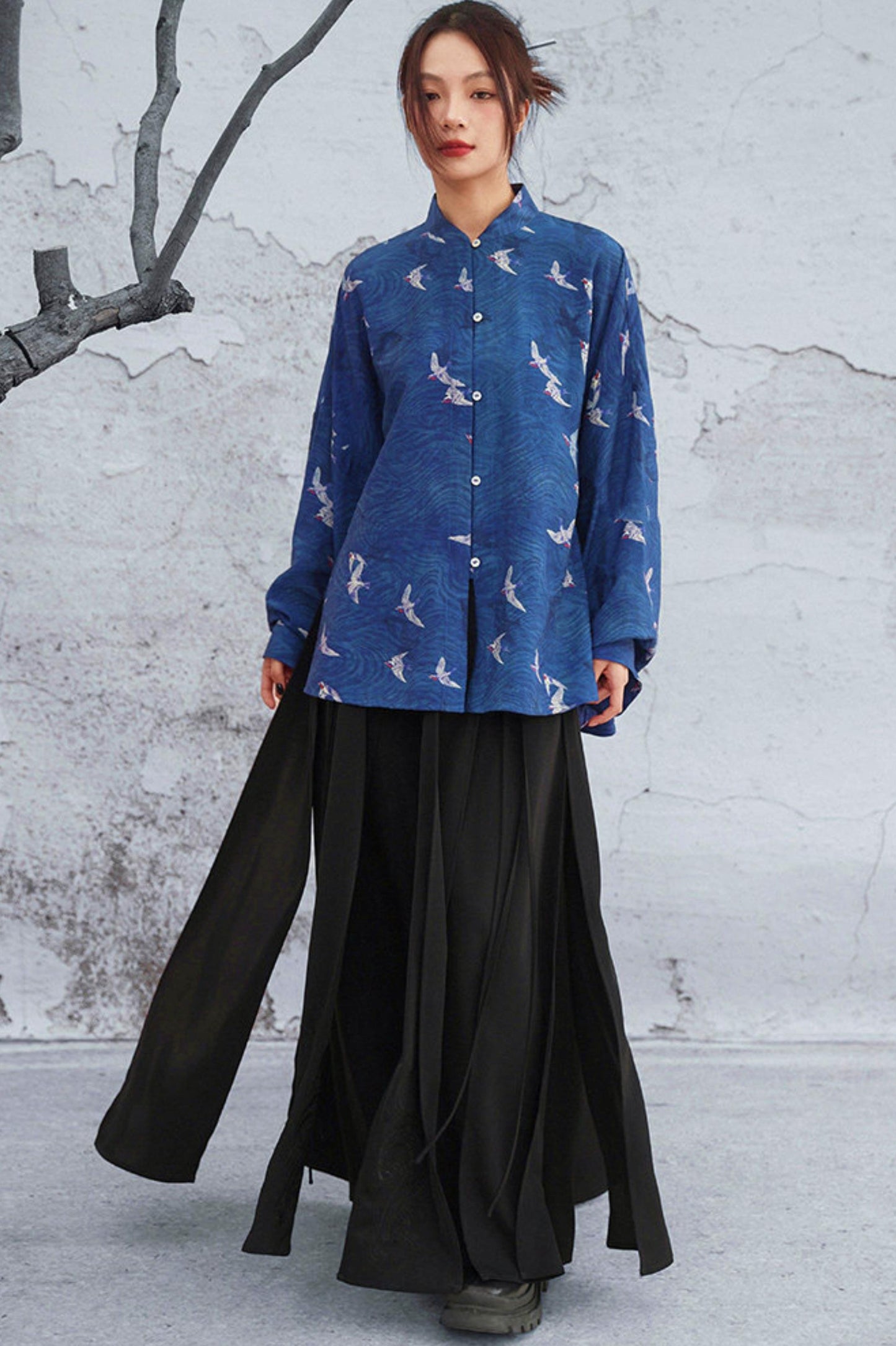 Dark Blue Retro Bird Pattern Stand Collar Shirt