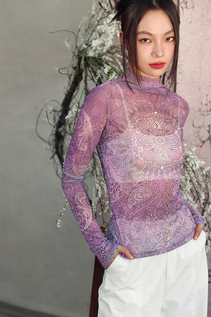 Elegant Purple Paisley Sheer Top