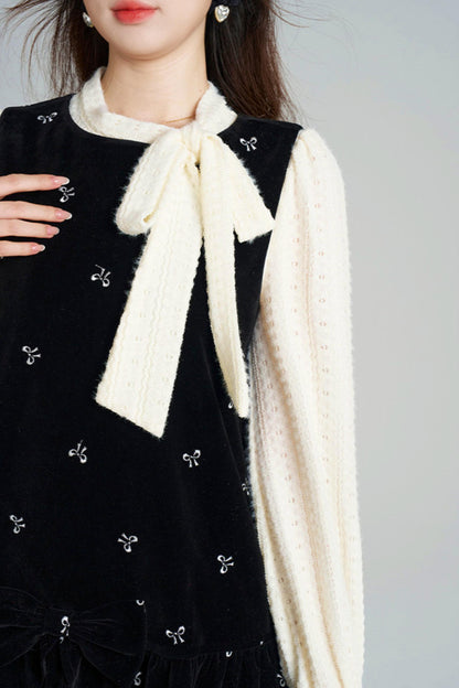 French Sweet Käbel Velvet Dress + Ribbon Neck Blouse