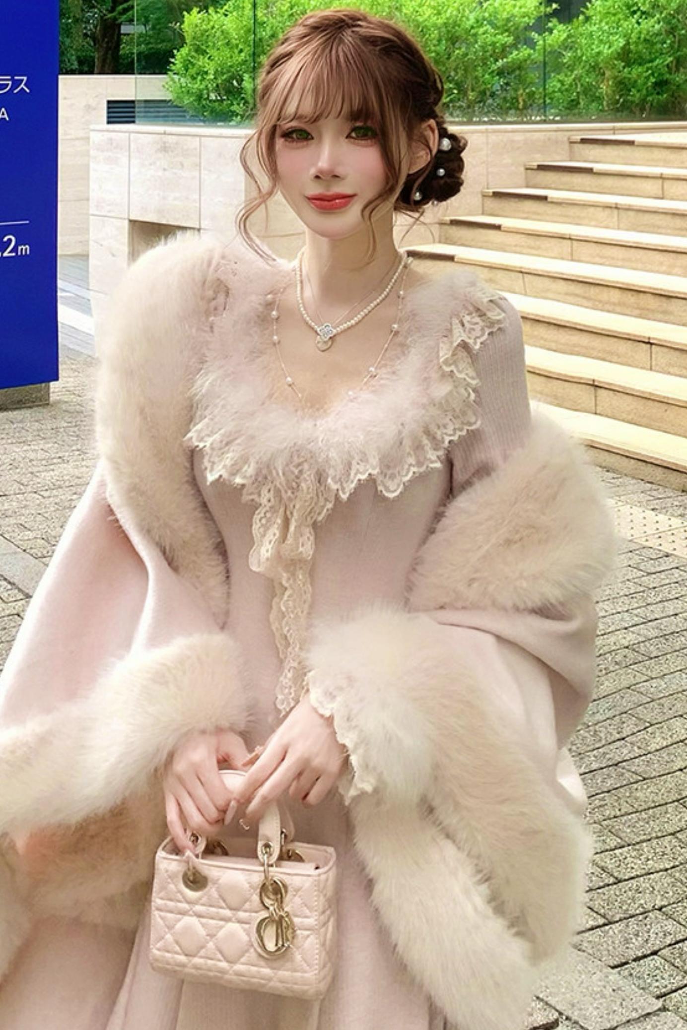 Lace Trimmed Feather Knit Dress