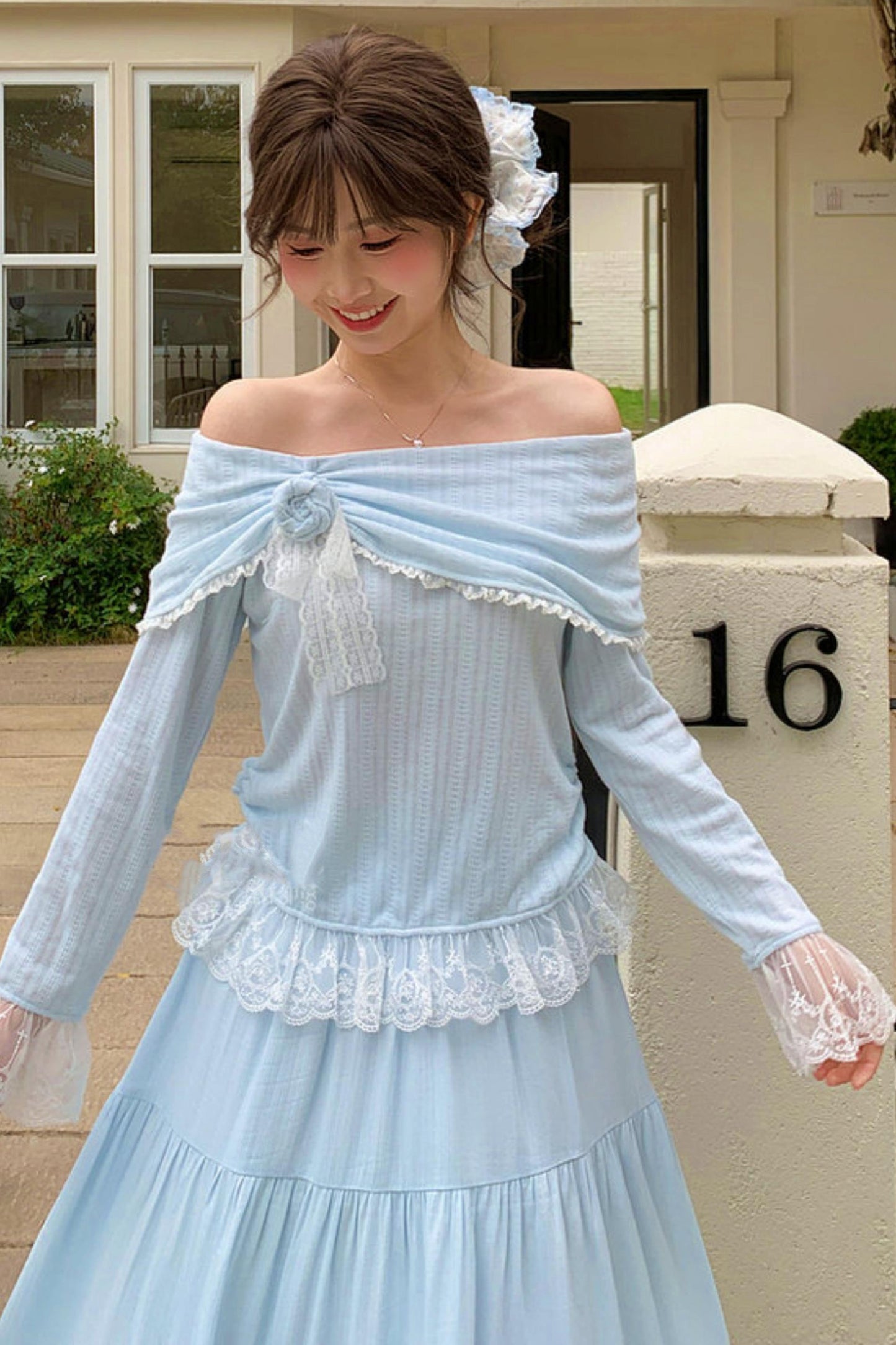 レースパッチワークオフショルダートップス+ロングスカート