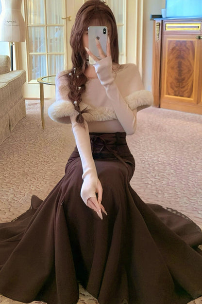 Elegant off-the-shoulder knit + mermaid skirt