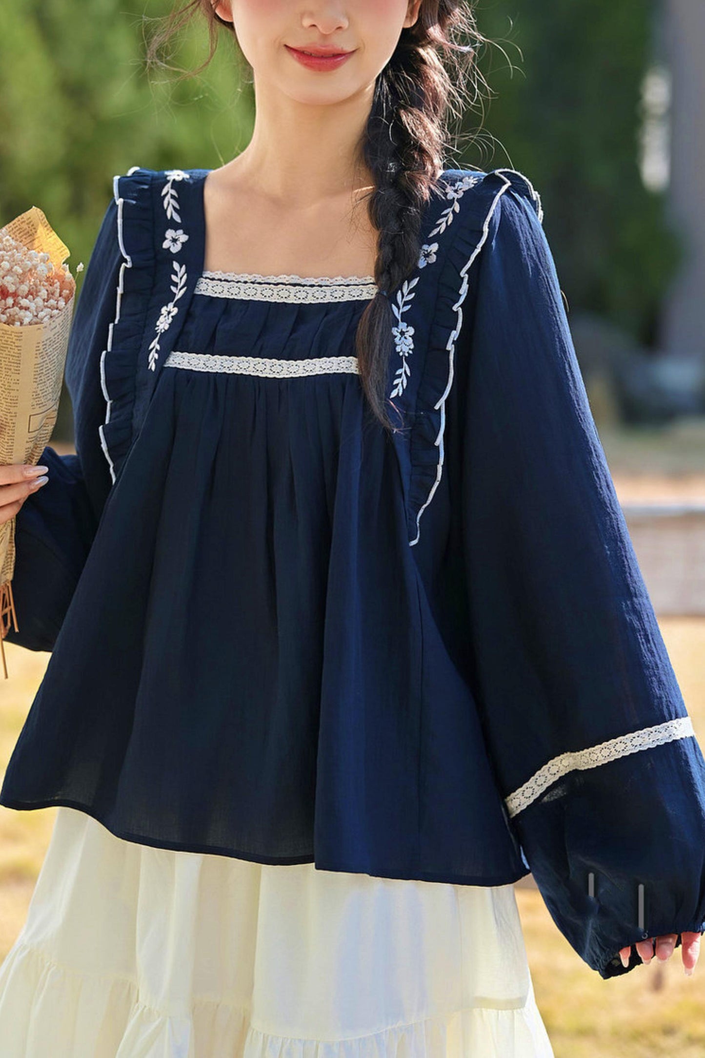 Lace Embroidered Square Collar Blouse