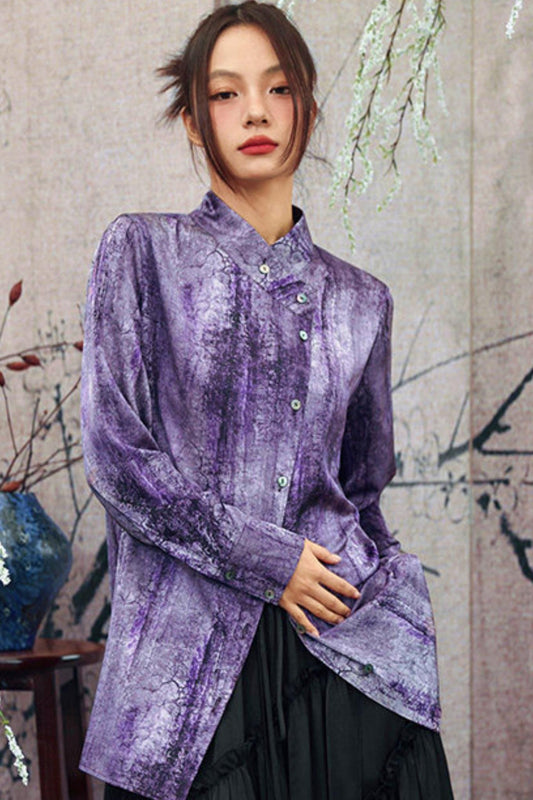 새틴 레트로 스탠드 칼라 탑