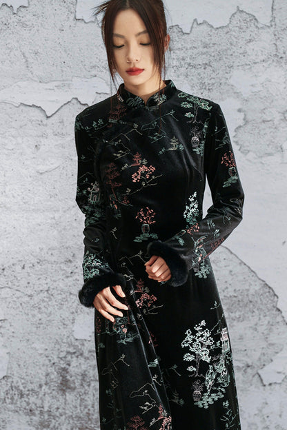 エンブロイダープラッシュチョンサムドレス