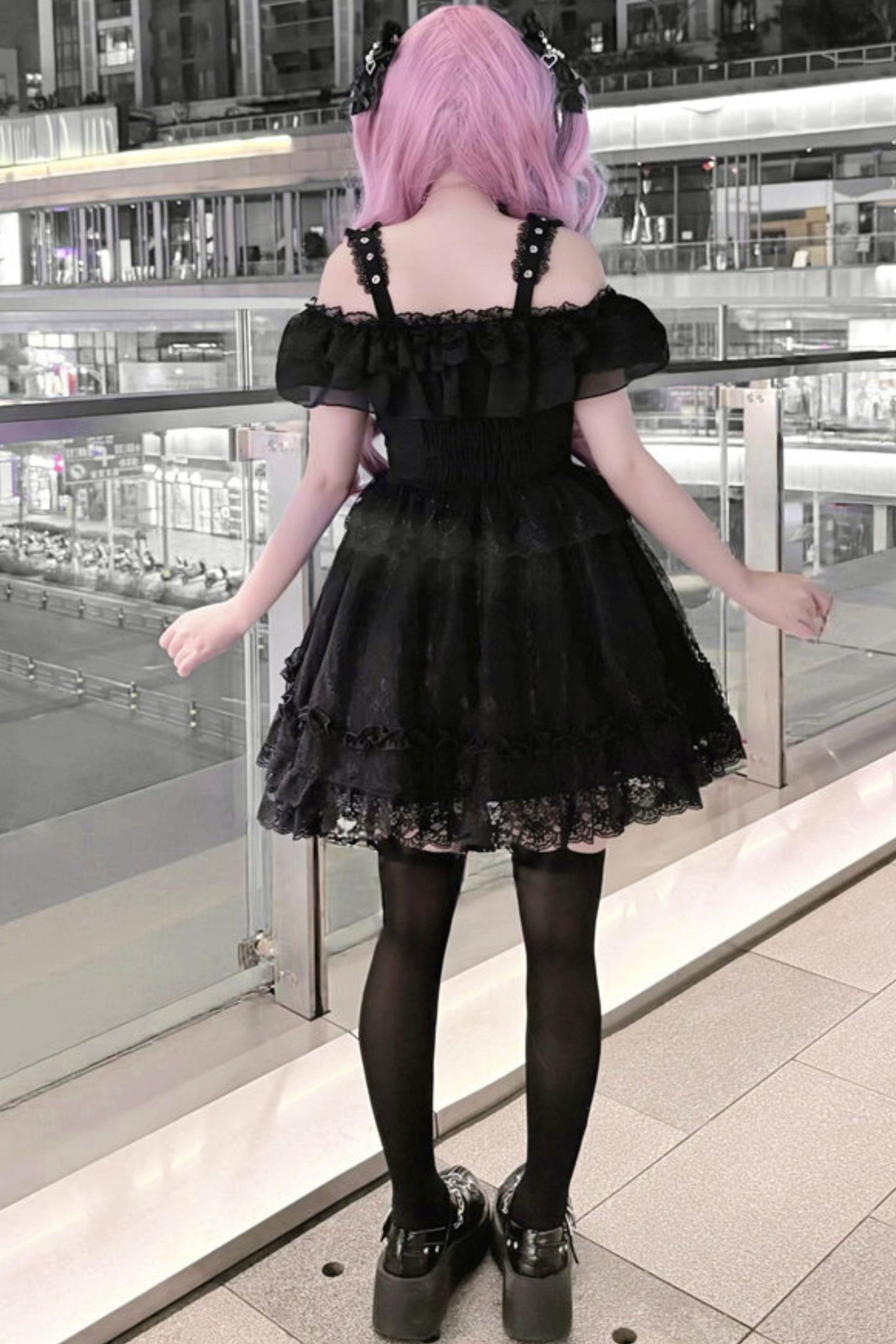 オフショルダー地雷レースドレス+ネックリング