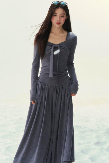 Gray Knit Waist Shaping French Dress