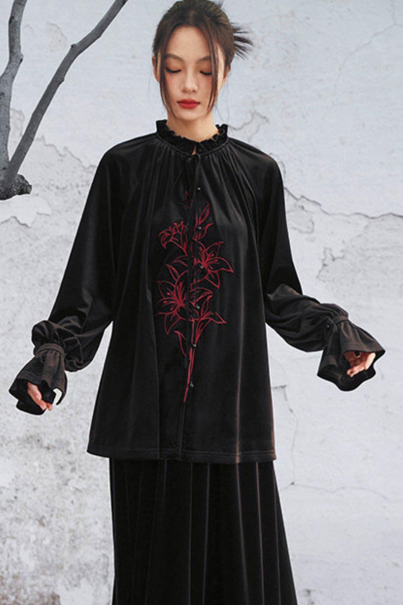 Black Velvet Lily Embroidered Blouse