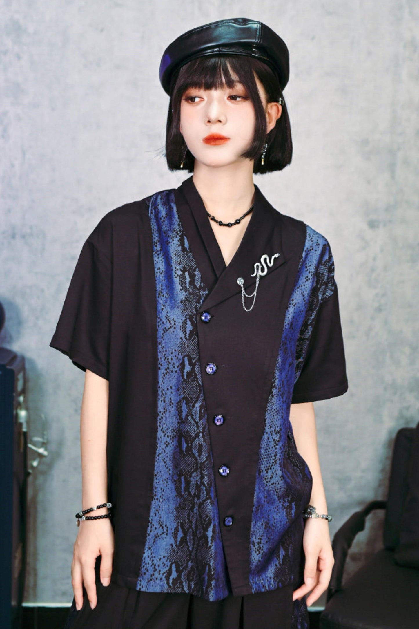 Asymmetrical Collar Snake Print Shirt (with Snake Motif Brooch)
