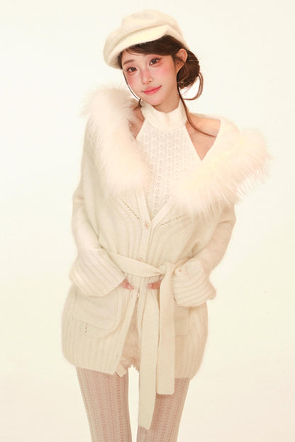 Halter Neck Fuzzy Knit Jacket + Top + Pants
