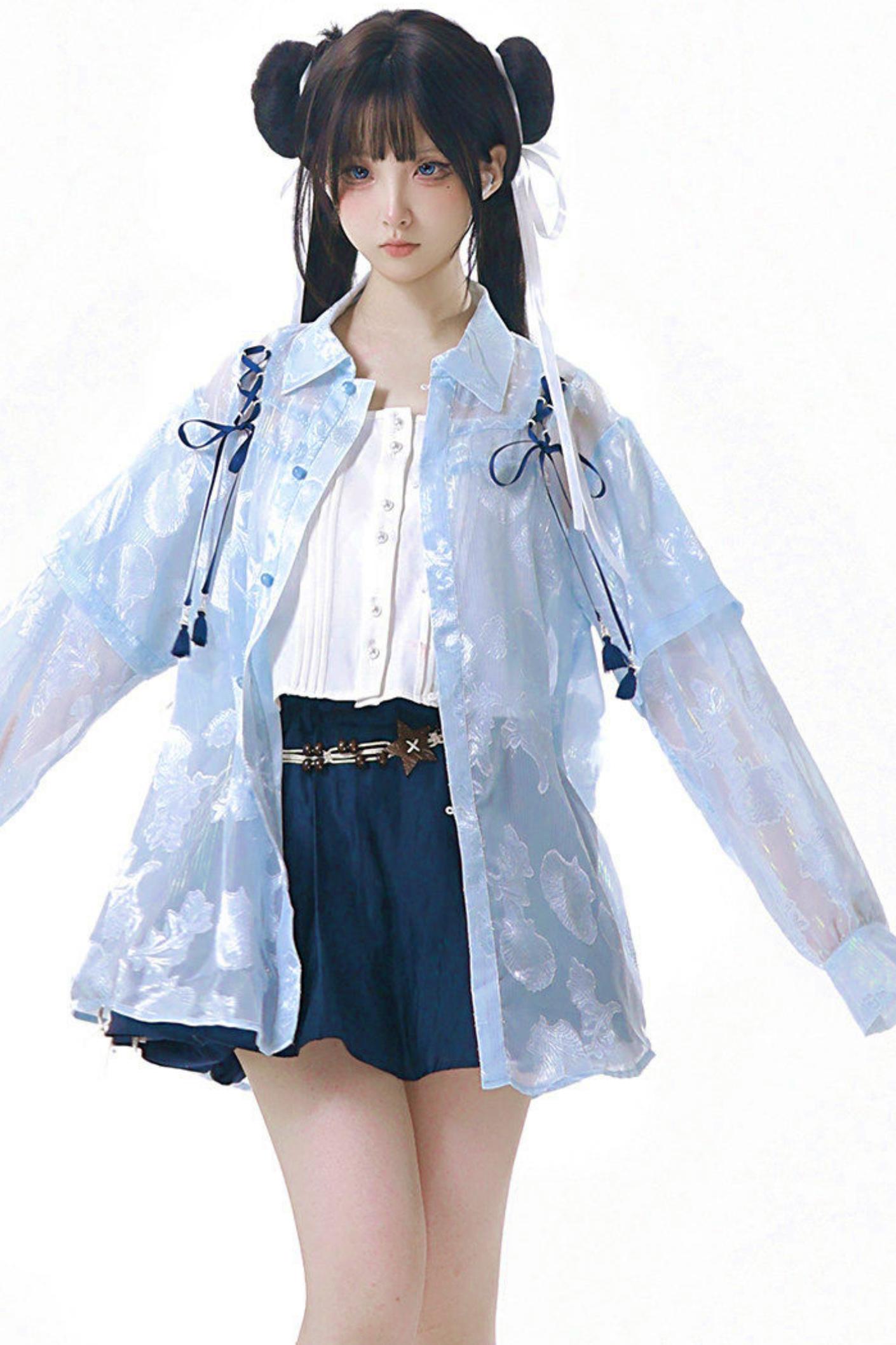 Completo marinaro in chiffon blu trasparente