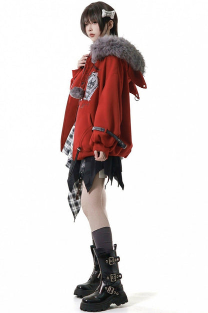 Red Furry Fleece Jacket + Top + Skirt + Accessories