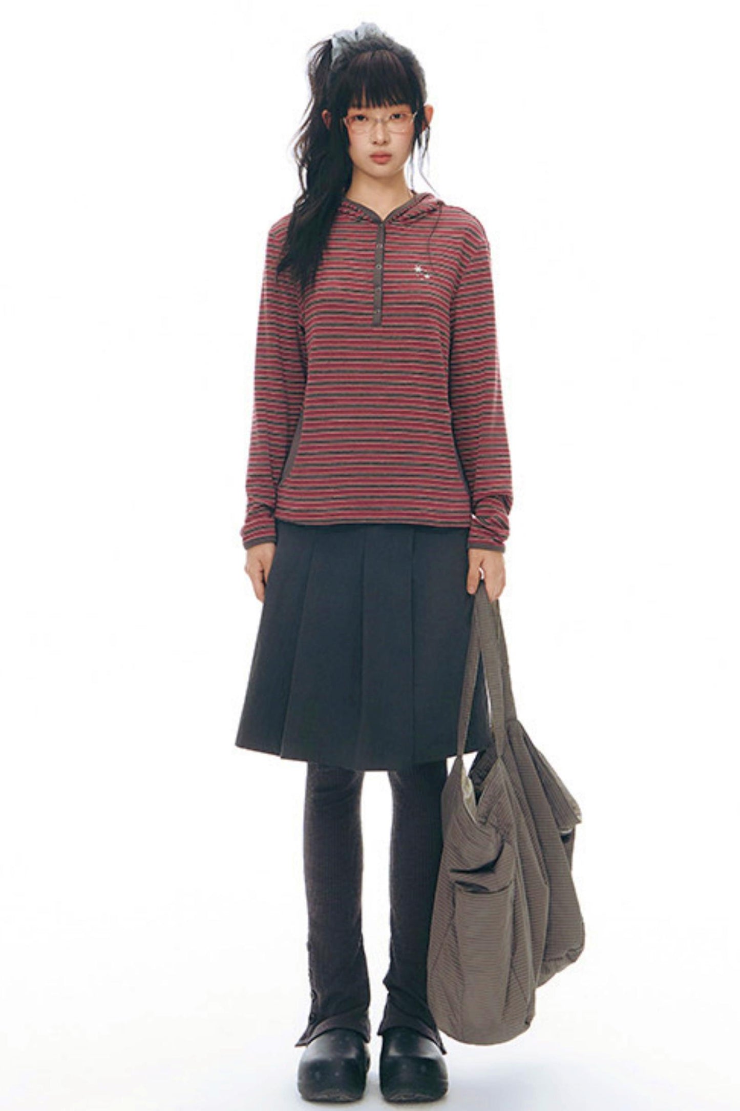 ストライプドフーデッドニットトップス