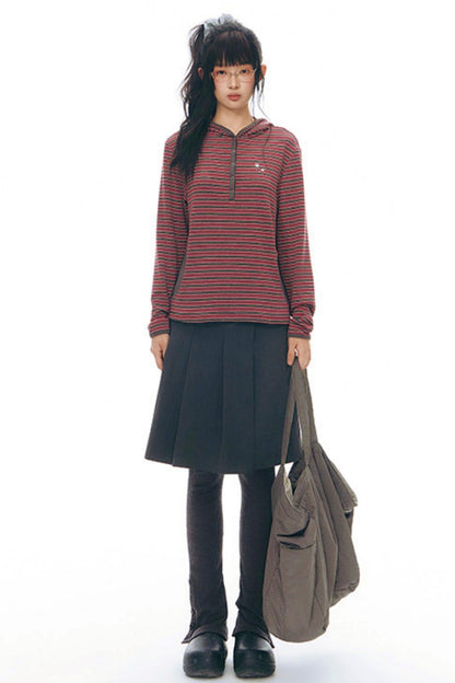 ストライプドフーデッドニットトップス