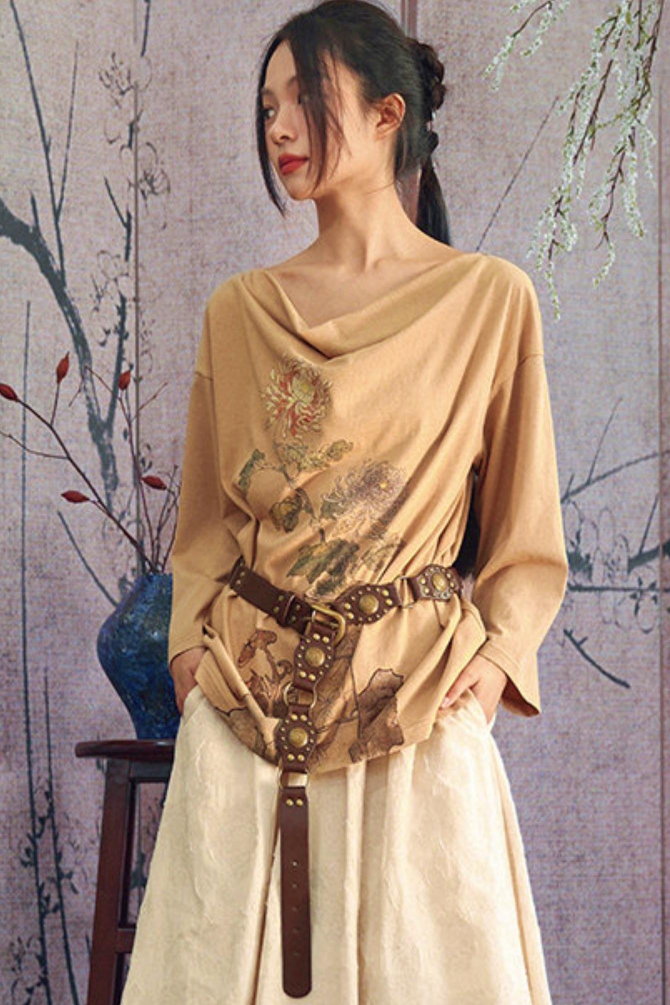 Floral Art Print Drape Neck Top