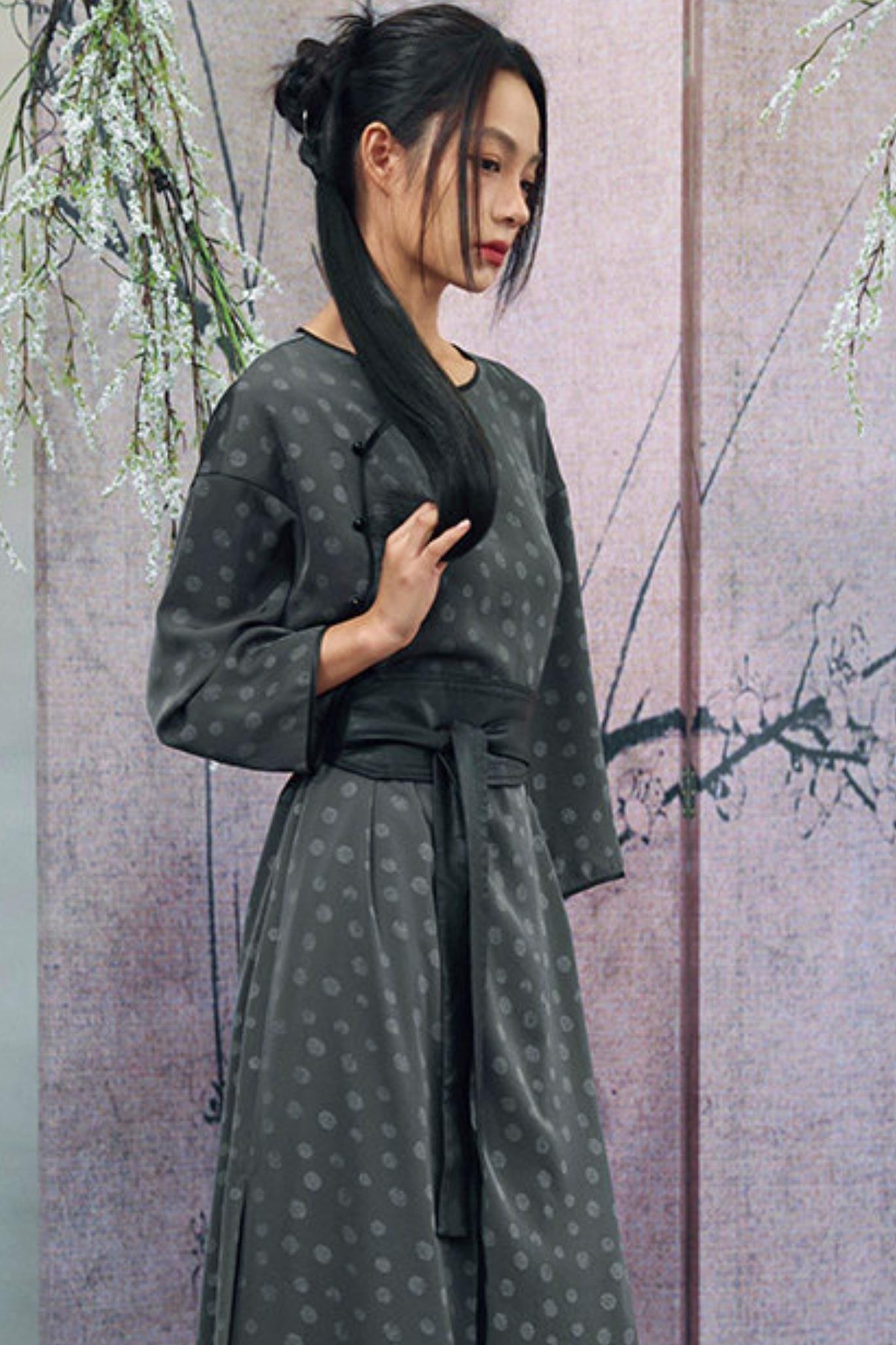 Dot Print Chinese Slit Long Dress