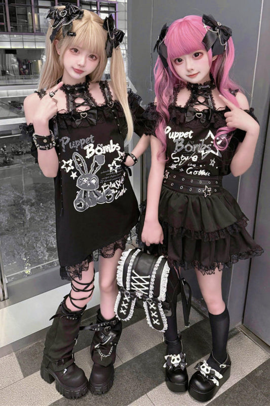T-shirt Dark Kawaii à lacets + jupe + sac + accessoires cheveux