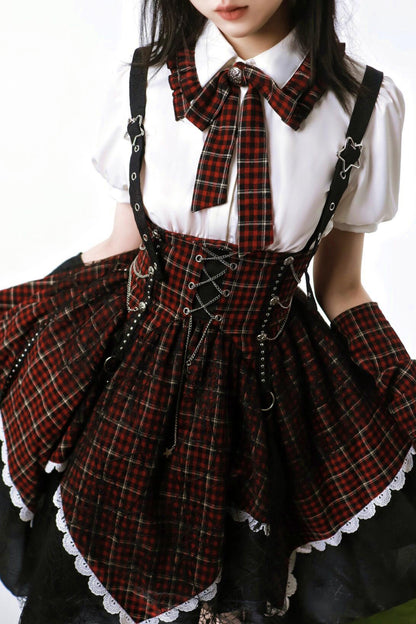 Gothic-Schulidol-Lolita-Trägerrock + Hemd + Ärmel