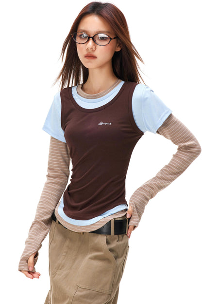 ストライプドパッチワークレイヤードトップス