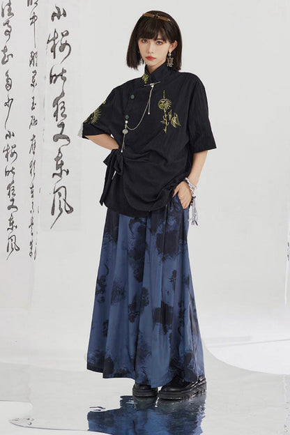 Black and Gold Oriental Ribbon Shirt + Chinese Wide-Leg Pants