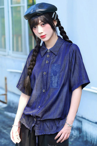 Night Blue Embroidered Subculture Shirt