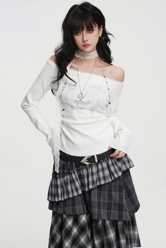 ダークレースオフショルダートップス（レースロングスカーフ付き）