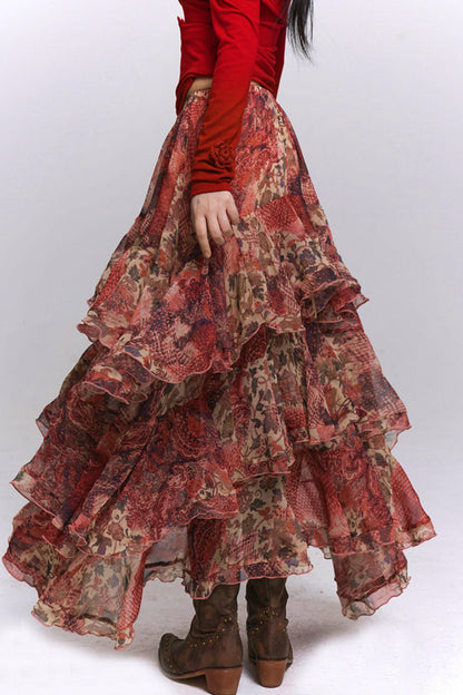 Red Floral Tiered Skirt