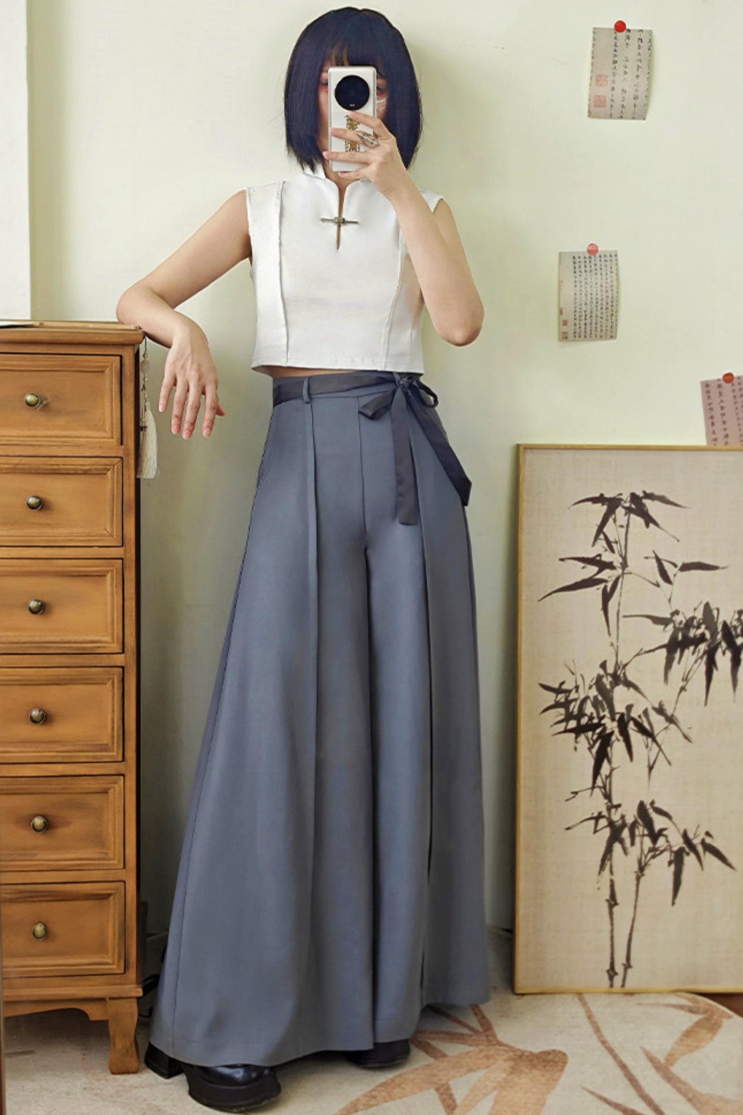 [Pre-order] Black/Beige/Gray Cyber Chinese-Style Wide-Leg Pants