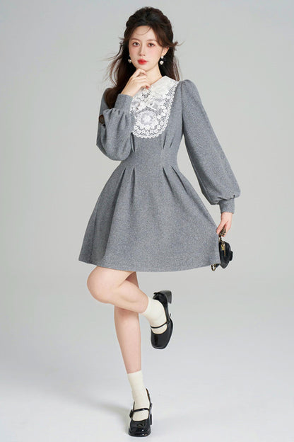 Lace Neck Design Waist Marked Dress