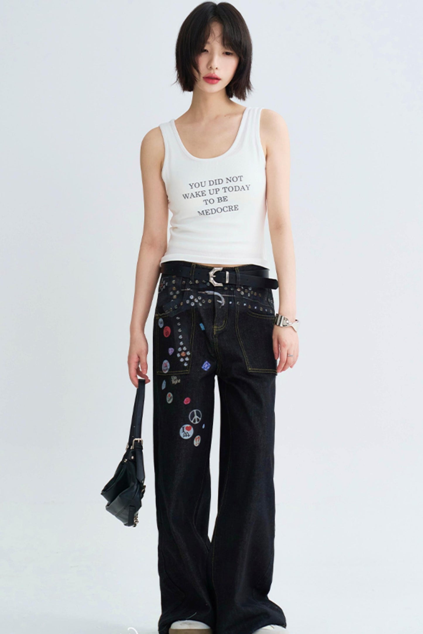 Retro Print Straight Leg Denim Pants