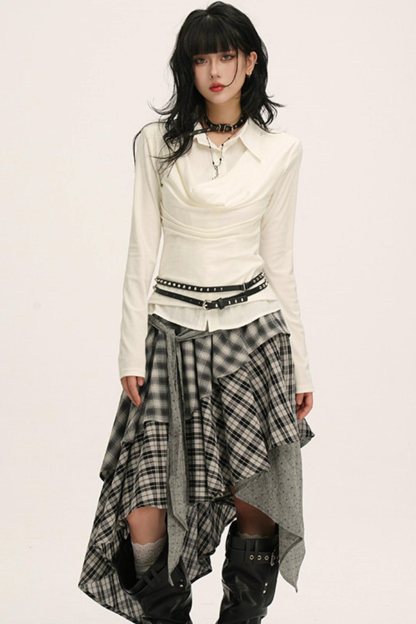 ドレープカウルネックレイヤードシャツ