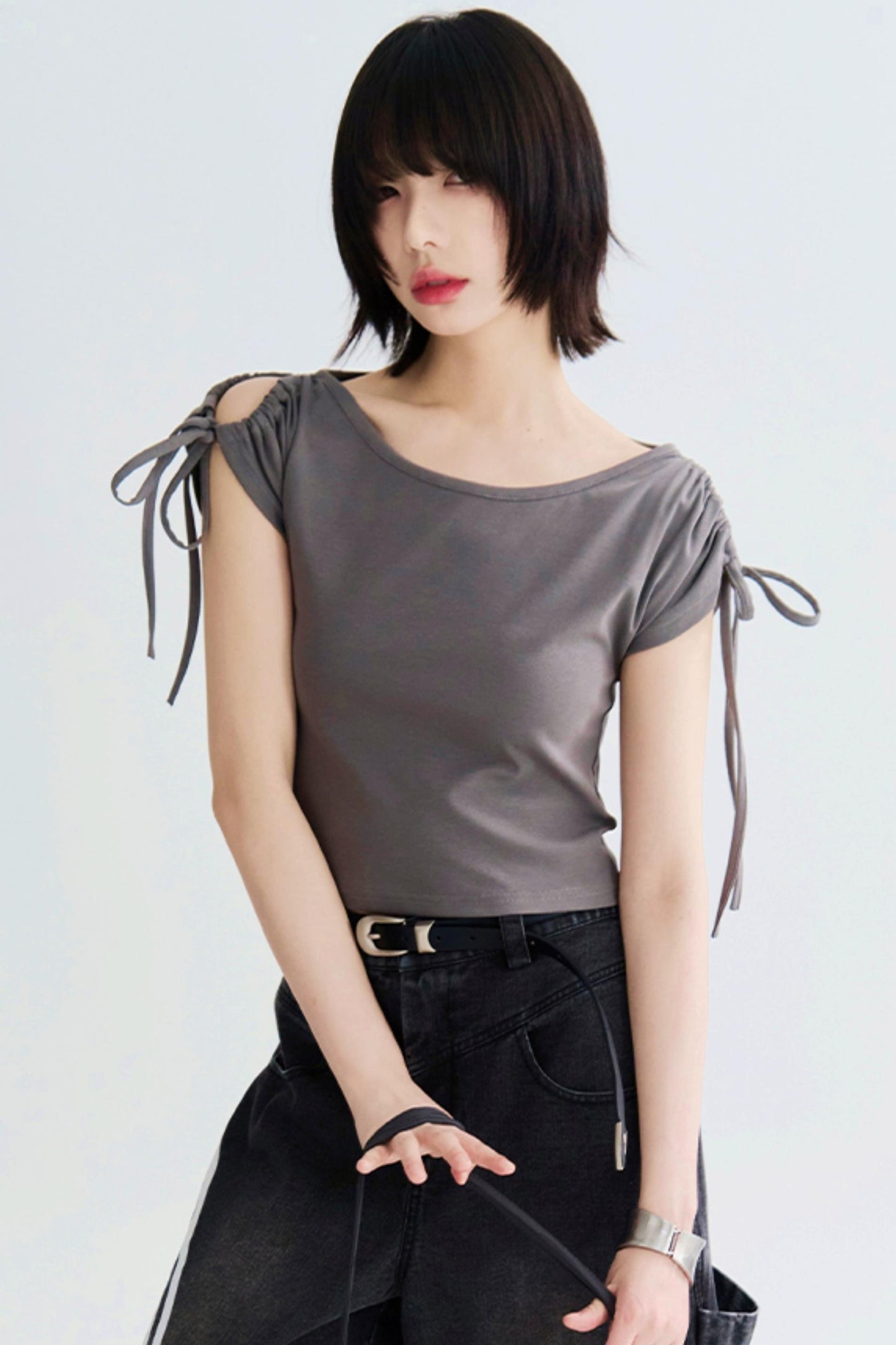 Shoulder Drawstring Cutout Tops