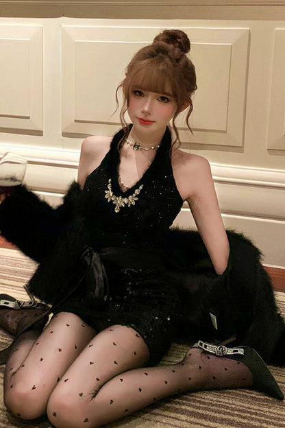 French mode tight dress + fur coat